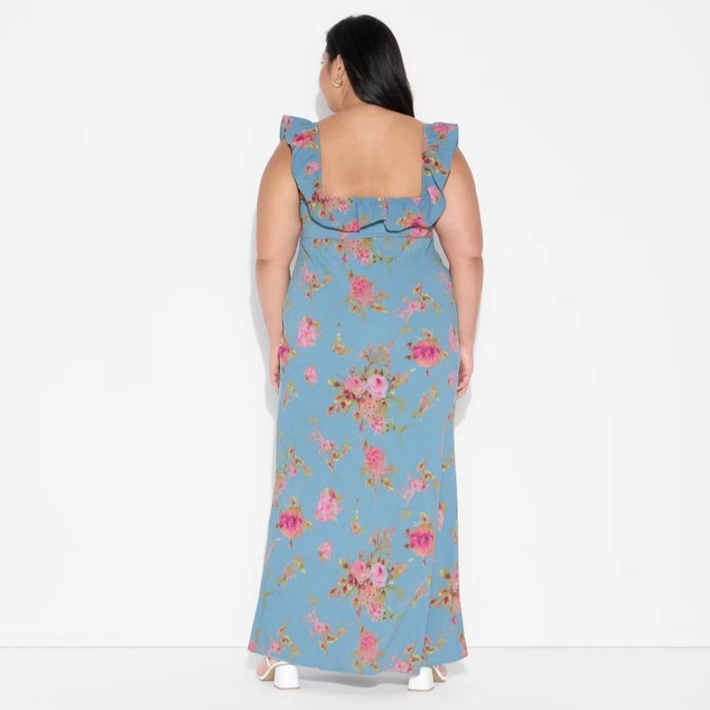 NWT Blue Floral Empire Waist Flounce Sleeve Maxi Dress Size 4X - Picture 5 of 6